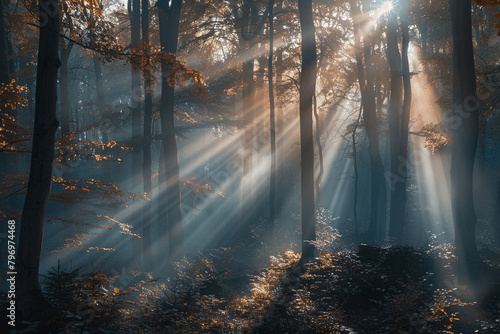 A misty forest scene with rays of sunlight filtering through the trees