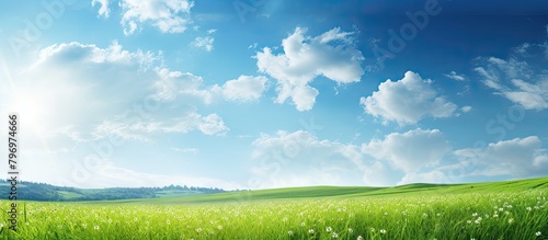 Grassy field under blue sky with clouds