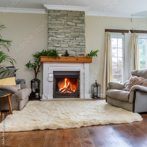 A cozy living room with a crackling fireplace and a plush rug. © Umair