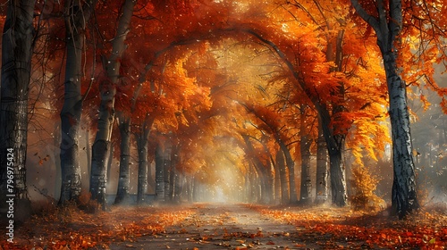 a world of fantasy and wonder, where the forest comes alive with the vibrant colors of autumn, portrayed in a row of majestic trees stretching as far as the eye can see