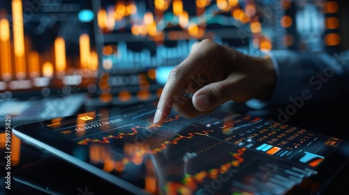 Close-up of a finger navigating financial charts on a tablet screen