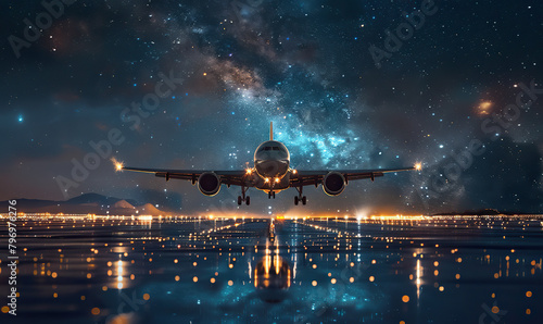 A commercial airplane taking off from a runway at night with a star-filled sky and Milky Way in the background. Generate AI photo