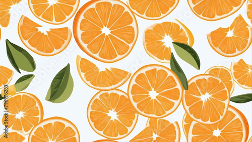 Sliced Oranges Arranged on a White Background Seamless Vector Pattern.