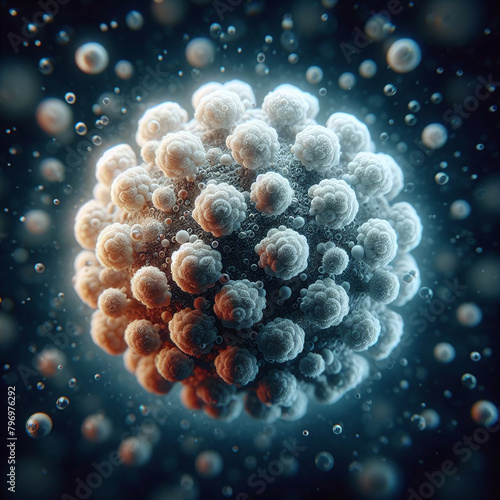 3D illustration showcasing a virus particle with intricate surface structures, set against a dark background with floating particles.