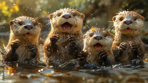 Curious Otters Playing in Sunlit River, generative ai
