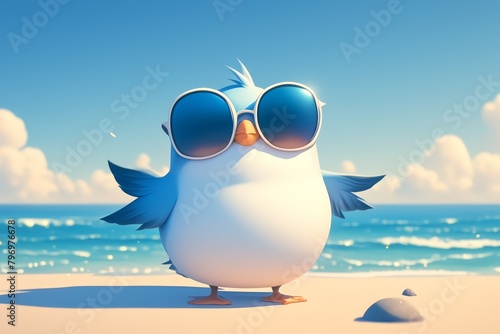 Cartoon seagull wearing sunglasses, character design, adorable eyes