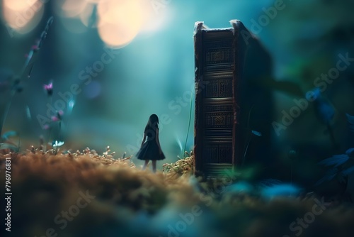 Small woman enters fantasy book with soft ethereal dreamy background. Concept Fantasy, Woman, Ethereal, Dreamy, Background