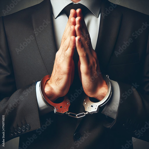 Businessman in a suit with handcuffed hands in a praying position, representing the concept of corporate crime or legal trouble.