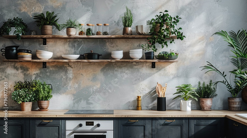 A kitchen with a black countertop and a white oven. The countertop is made of wood and has a few potted plants on it. The kitchen has a modern and stylish look