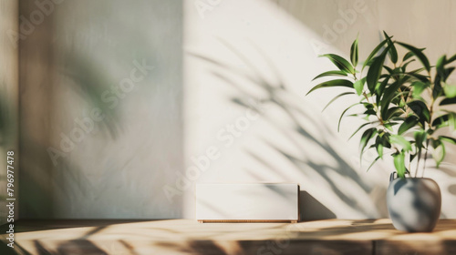 A white box sits on a wooden table next to a potted plant. The plant casts a shadow on the table, creating a sense of depth and dimension. The scene is simple and uncluttered