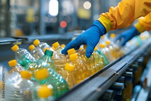 Closeup of gloved hands sorting plastic bottles and glasses on conveyor belt. Concept Recycling, Sorting, Plastic Bottles, Gloves, Conveyor Belt