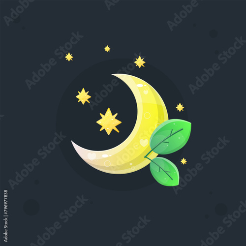 Moon Glossy Yellow Golden Game Icon Badge With Green Branch And Stars Isolated Vector Design (ID: 796977838)