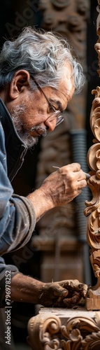 A man is carving a wooden sculpture