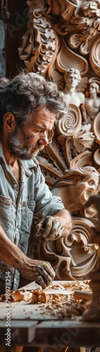 A man is working on a sculpture in a workshop