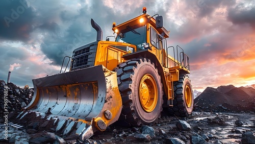 Large construction machinery such as bulldozers and excavators for land development and clearing. Concept Heavy machinery, Land development, Construction equipment, Bulldozers, Excavators