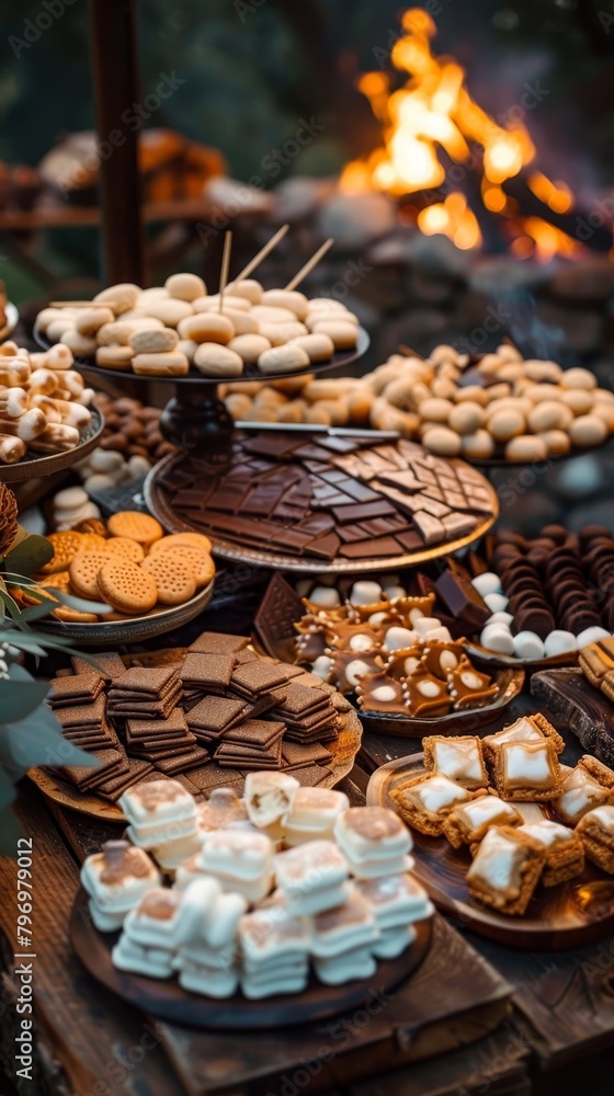 A table full of food, including cookies, marshmallows, and chocolate