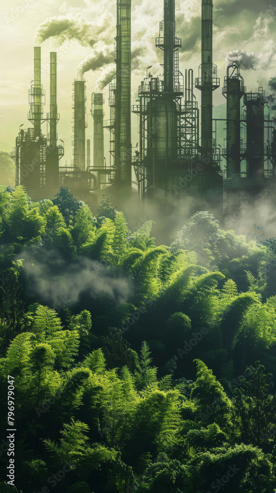 A large industrial plant is surrounded by a lush green forest