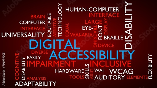 Digital Accessibility word tag cloud. 3D rendering, red variant