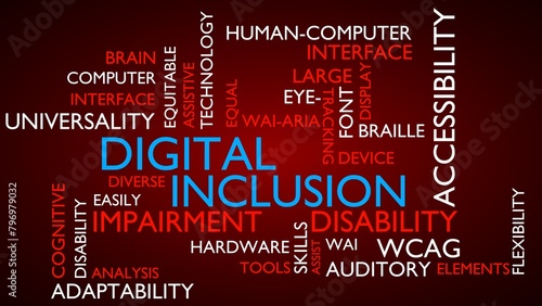 Digital Inclusion word tag cloud. 3D rendering, red variant