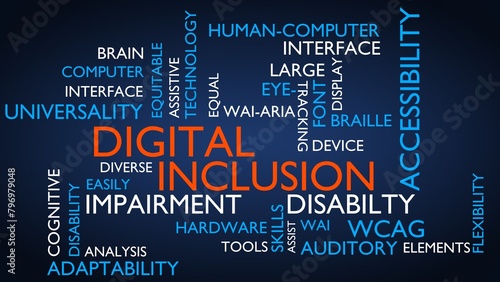 Digital Inclusion word tag cloud. 3D rendering, blue variant