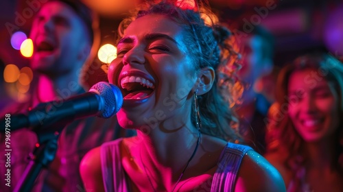 A woman singing into a microphone with a group of people around her