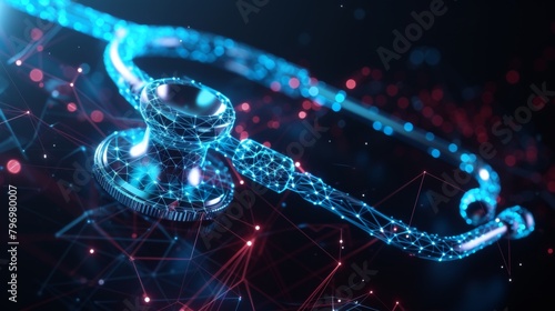 Glowing hologram of stethoscope 3D model with dark background.