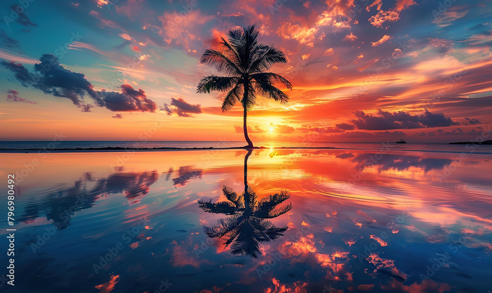 A single palm tree silhouetted against a vibrant sunset sky reflected in tranquil waters. Generate AI