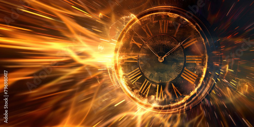 An old golden burning clock, time travel photo