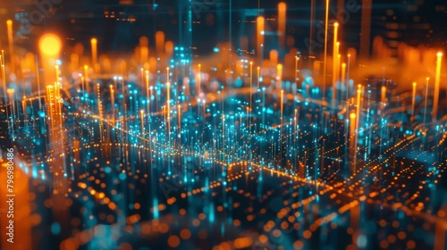 A conceptual image depicting a highly digitized smart city infrastructure with vibrant orange and blue data streams representing connectivity and high-tech urban management