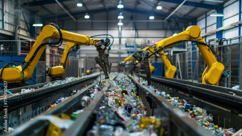 Robotic arms efficiently sort through recyclables on a conveyor at an automated, high-tech recycling facility
