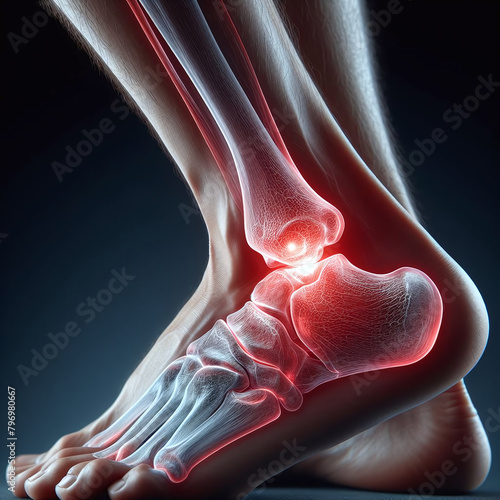 A 3D illustration depicts a human foot with highlighted pain in the ankle joint.