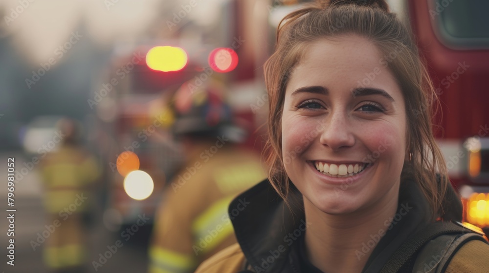 Closeup portrait of a smiling female firefighter
