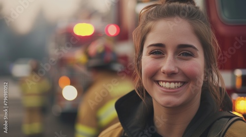 Closeup portrait of a smiling female firefighter