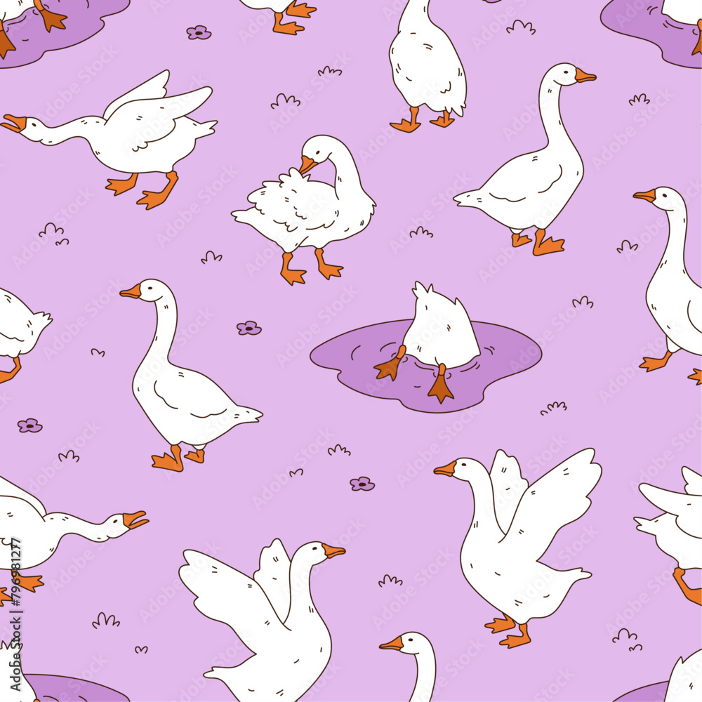 Obraz premium Goose seamless pattern. Cute cartoon ducks background. Hand drawn vector illustration. Texture for print, textile, fabric.
