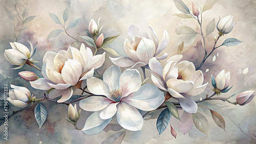 Watercolor background magnolia blossoms photo