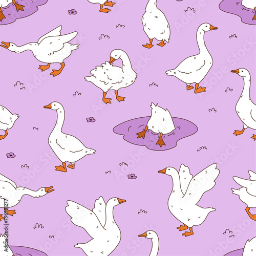Goose seamless pattern. Cute cartoon ducks background. Hand drawn vector illustration. Texture for print, textile, fabric.