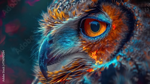 Abstract animal Owl portrait with colorful double exposure paint © Ibad
