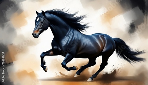 Digital painting of a black horse in motion  on abstract background  wallpaper banner created with generative ai