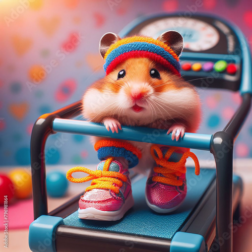 Cute hamster in sportswear running the wrong way on a miniature treadmill, colorful background. © Tim Bird
