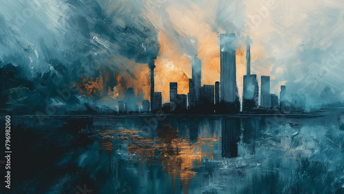 smoke rising from distant factory  smog and pollution painting