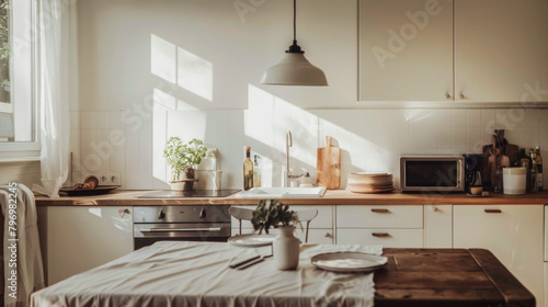 Bohen kitchen with a table and chairs, a microwave, and a sink. The table is set with plates and a vase of flowers. Scene is warm and inviting, with the sunlight shining through the window photo