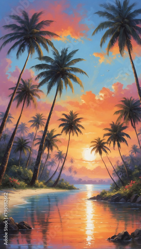 Sunset Serenity, Relax and Unwind as the Sun Sets Behind Majestic Palm Trees, Painting the Sky in a Symphony of Colors. © xKas