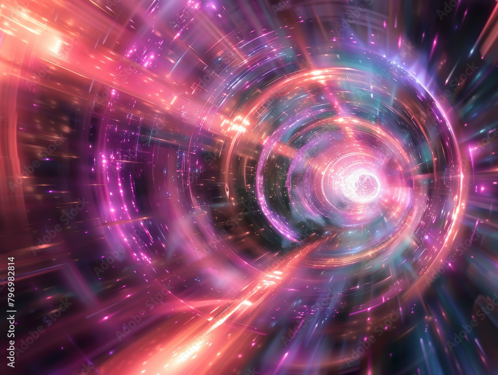 A colorful, swirling tunnel with a bright pink and blue center A colorful, swirling tunnel with a bright pink and blue center