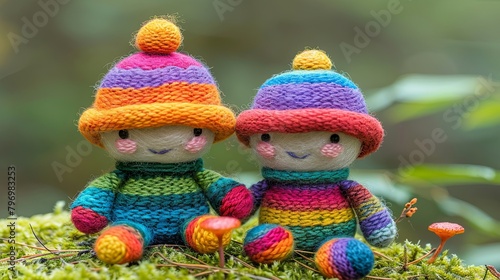Composition of two dolls sitting in the forest. Toys made of wool on the technology of knitting. Fairy-tale character. Handmade. Illustration for cover, card, postcard, interior design.