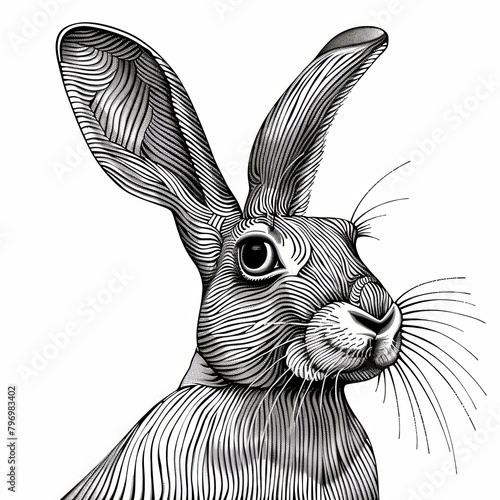 A close-up of the face of a rabbit or hare. Animalism. Imitation sketch print in black and white coloring. Illustration for cover, card, postcard, interior design, decor or print.