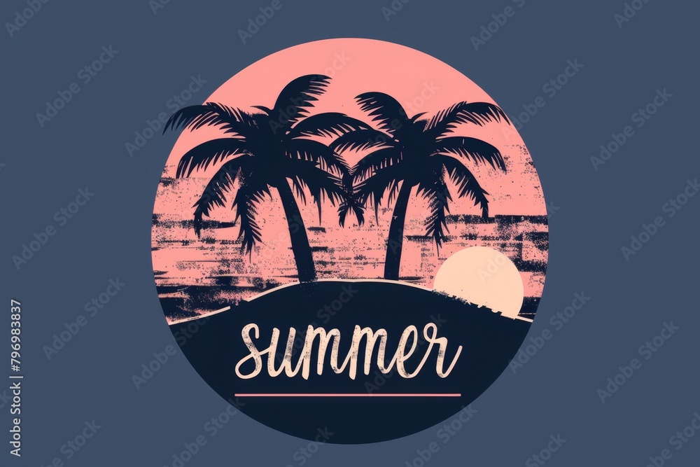 two palm trees silhouetted against the setting sun on an arch shaped background The color palette includes soft pastel pink and navy blue tones  A large text reads 