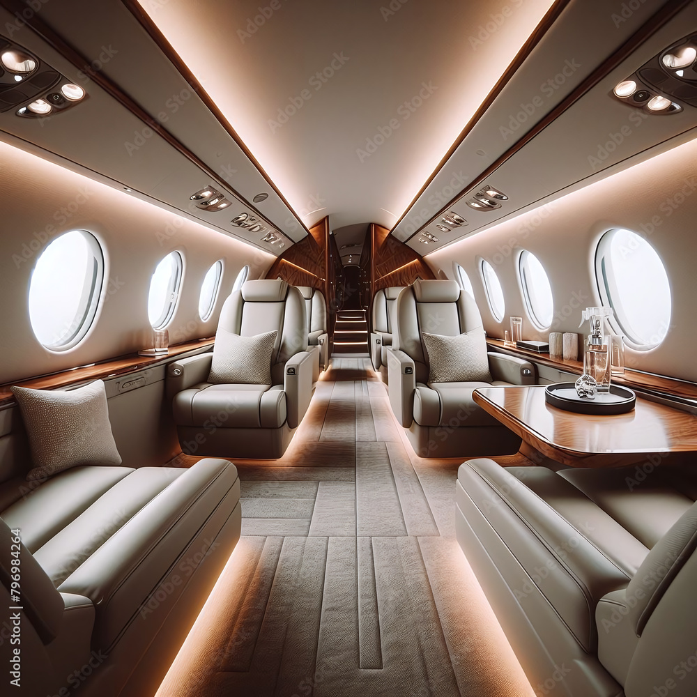 Luxurious private jet interior with comfortable leather seats and elegant decor.