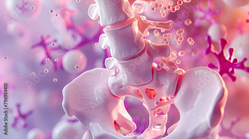 3D visualization of a human hip encompassed by strange medical panels with synovial fluid in the background. concept art. An anatomical model showing parts such as the pelvis