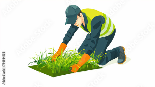  flat design style vector illustration, a gardener man working on the installation of synthetic grass, white background,