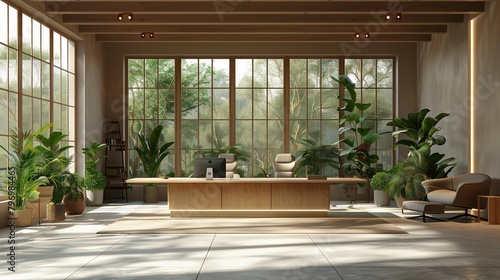 Modern Zen Workspace with Lush Greenery, generative ai © Matus